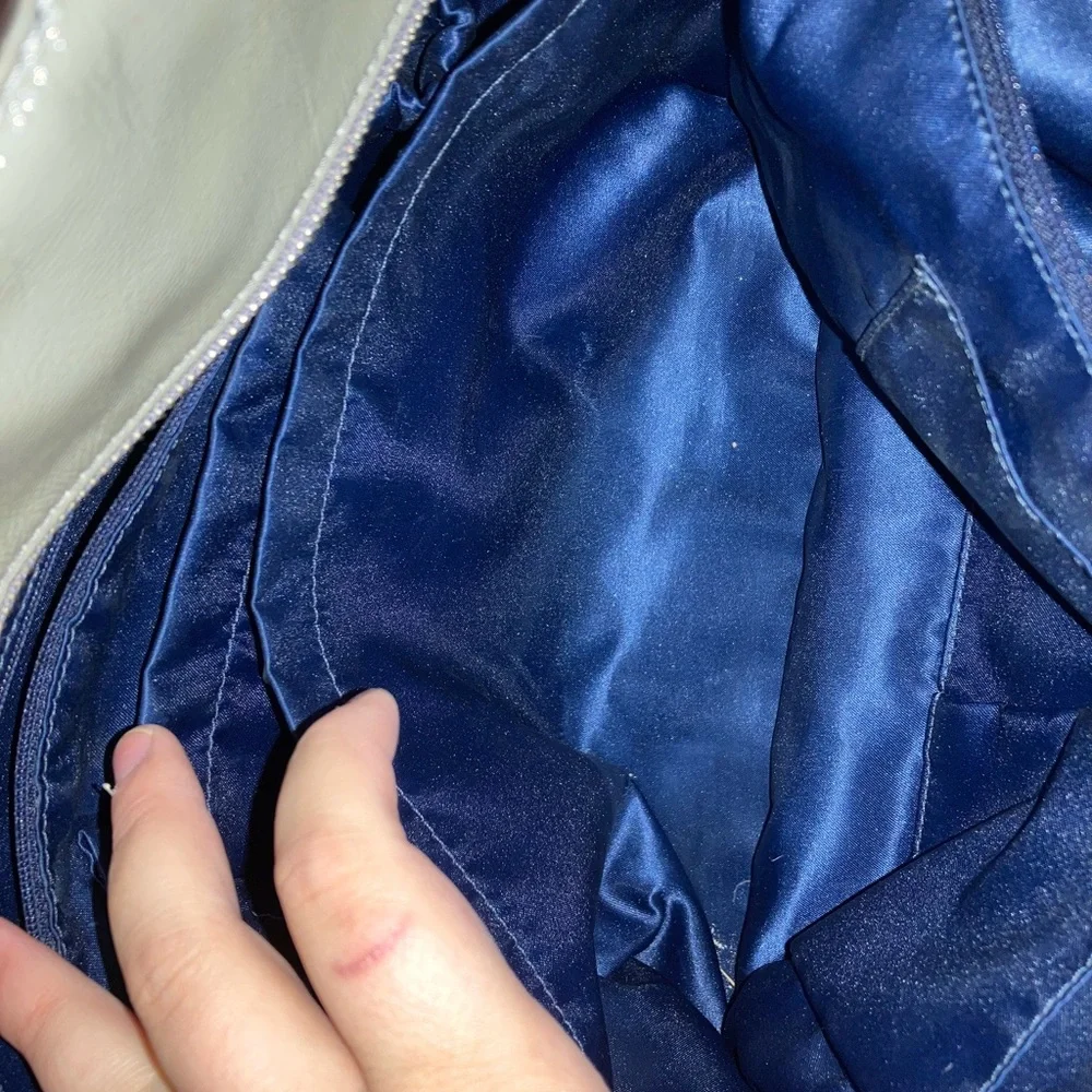 coach baby diaper bag tote pewter grey leather navy blue fabric lined interior